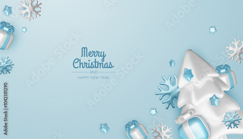 Happy New Year and Merry Christmas. Christmas holiday background with realistic 3d objects, blue and white bauble balls, conical metal stars, gift. Levitation falling design composition.