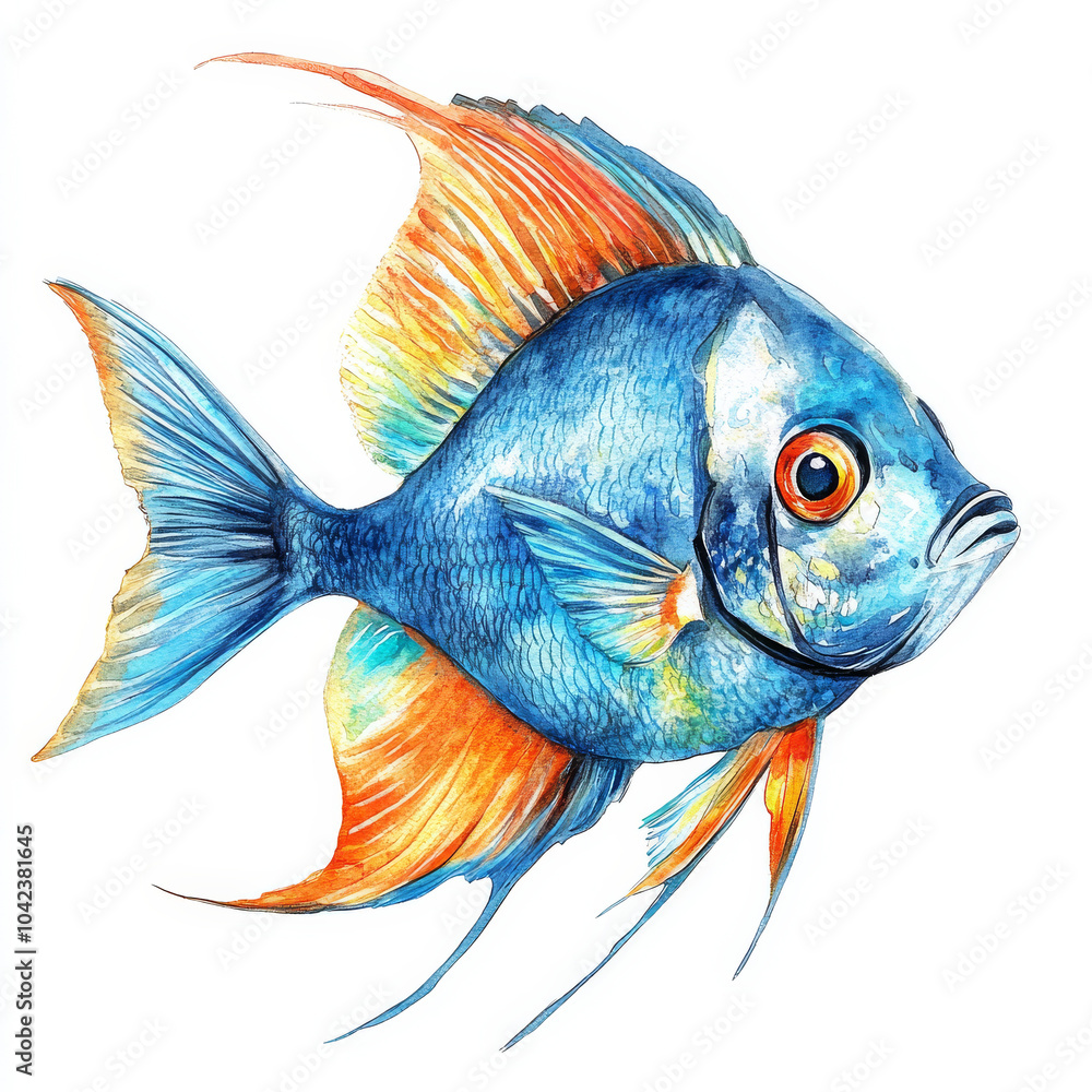 Fototapeta premium A watercolor illustration of a colorful tropical blue fish with bright accents of turquoise and orange. The fish is elegantly painted with fine details and set on an isolated white background, ideal