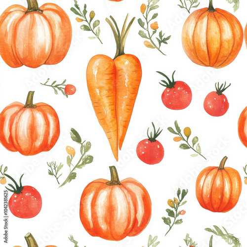 Hand-painted watercolor carrots, pumpkins, and tomatoes, creating a fresh and lively seamless pattern perfect for fabric or kitchen wallpaper.