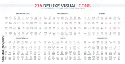 Smart devices, job safety tools and documents, automotive repair service, travel line icon set. City landmark location and infrastructure thin black and red outline symbols vector illustration
