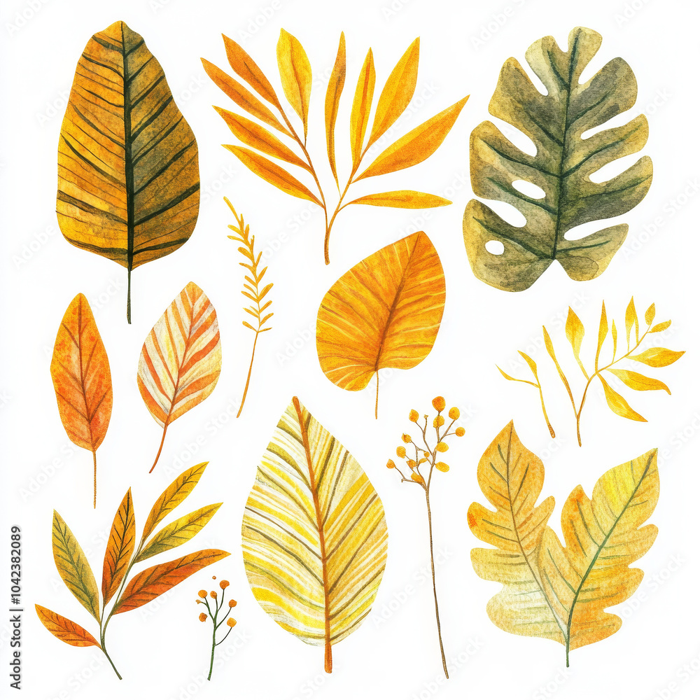 Fototapeta premium A collection of vibrant tropical leaves in warm tones of yellow and orange, delicately hand-painted in watercolor. The dry leaves' abstract shapes pop against the isolated white background, perfect