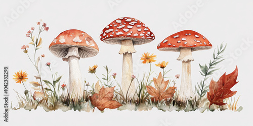 A delicate watercolor illustration of three fly agaric mushrooms in various stages of growth, accented by dew-kissed wildflowers and fallen leaves, ideal for invitations with a woodland theme. Gentle