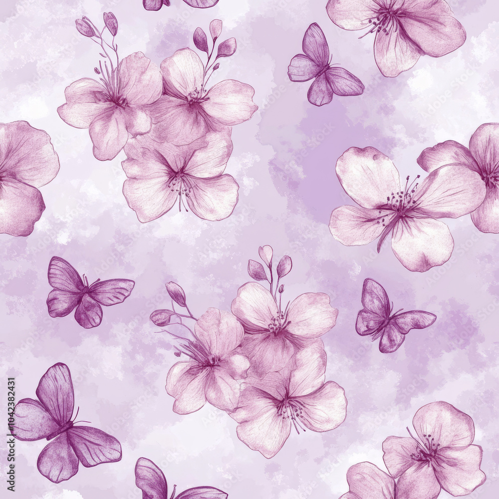 A whimsical seamless pattern of hand-drawn sakura flowers in pink, accompanied by delicate butterflies. Set against a soothing lilac watercolor background, this design captures the essence of spring A whimsical seamless pattern of hand-drawn sakura flowers in pink, accompanied by delicate butterflies. Set against a soothing lilac watercolor background, this design captures the essence of spring