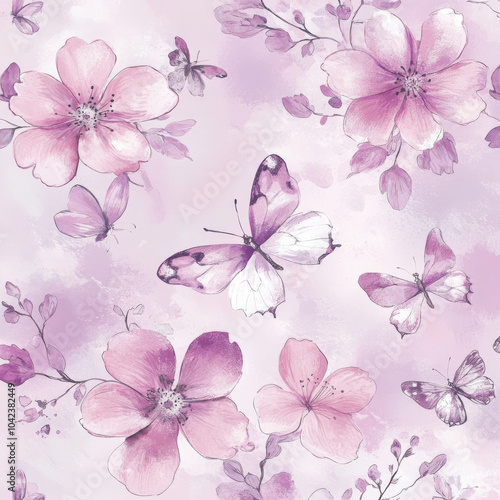 A whimsical seamless pattern of hand-drawn sakura flowers in pink, accompanied by delicate butterflies. Set against a soothing lilac watercolor background, this design captures the essence of spring