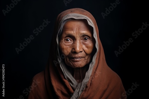 Portrait of an old woman in a headscarf on a black background