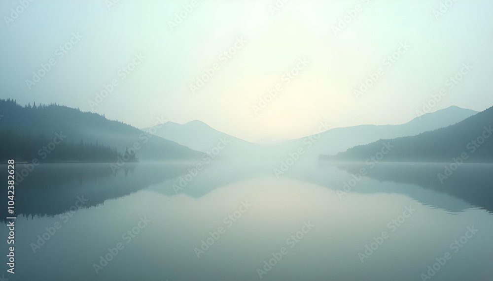 Fototapeta premium Peaceful Lake Scene with Mountains and Early Morning Fog