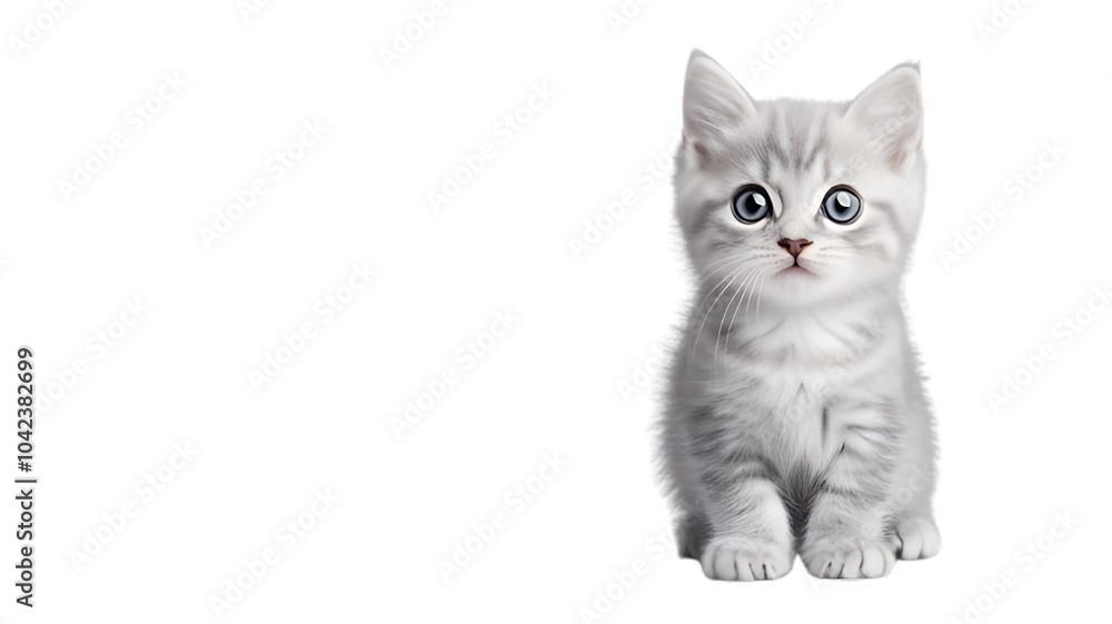 Fototapeta premium Curious Kitten: A fluffy gray kitten with big blue eyes gazes curiously at the camera, radiating innocence and playful energy.