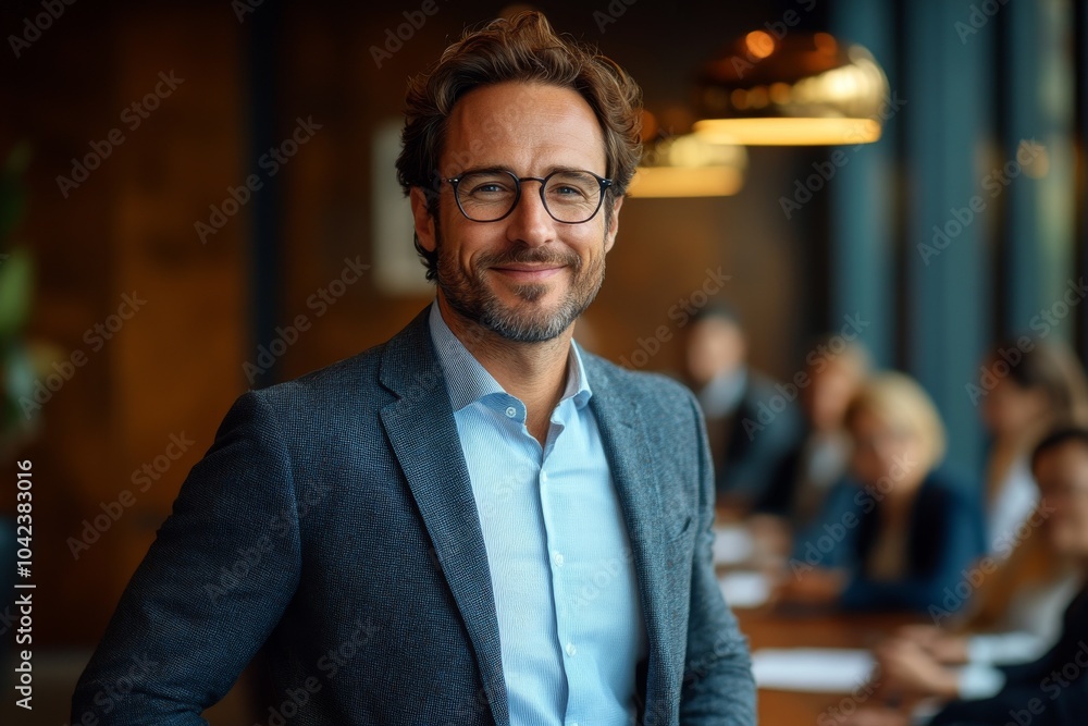 A confident businessman in a suit and glasses smiles at the camera in a meeting room with colleagues in the background. A confident businessman in a suit and glasses smiles at the camera in a meeting room with colleagues in the background.