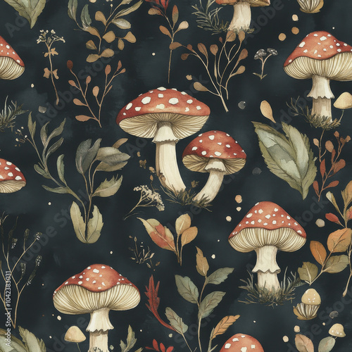 Hand-painted forest mushrooms such as puffballs and amanitas in a seamless watercolor pattern. The realistic flora design brings a forest floor vibe to fabric or wallpaper, ideal for home decor.