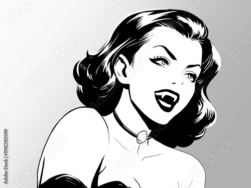 Beautiful smiling vampire woman with black hair, fangs and necklace hand drawn illustration