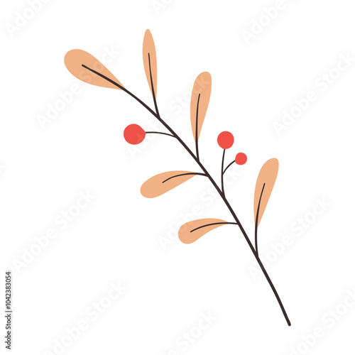 Vector sprig of red wild berries isolated on a white background. Vector illustration of a branch of cranberry, barberry, lingonberry in flat style.