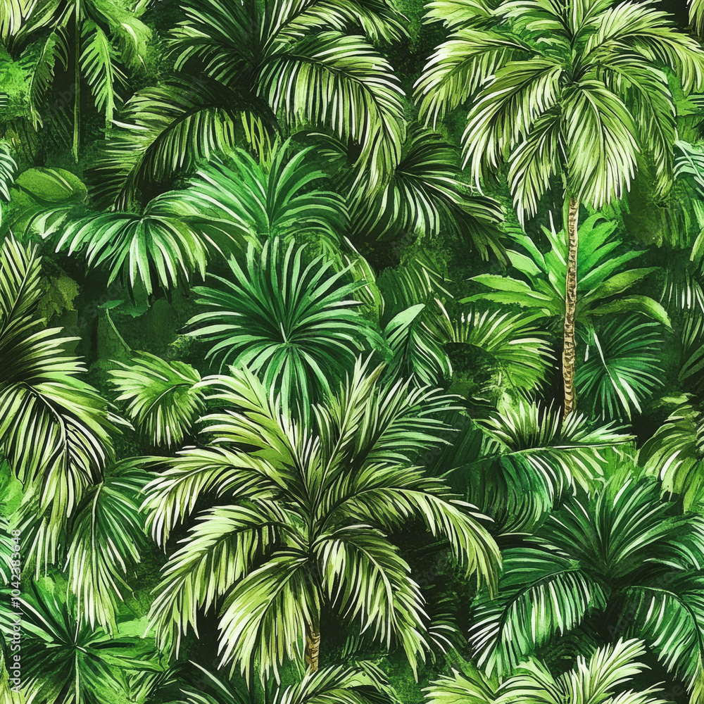 A tropical seamless pattern featuring exotic palm trees, hand-painted in lush green watercolor shades. The design includes creative jungle plants with vibrant leaves, forming a repeating A tropical seamless pattern featuring exotic palm trees, hand-painted in lush green watercolor shades. The design includes creative jungle plants with vibrant leaves, forming a repeating