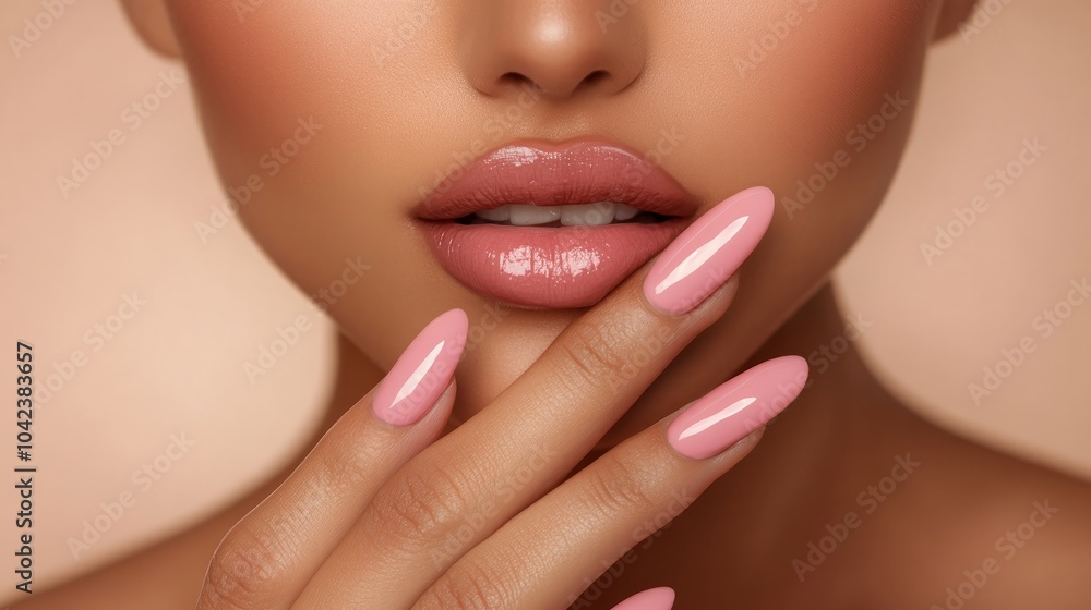 Closeup of woman's hand with pink nail polish, touching her lips. Closeup of woman's hand with pink nail polish, touching her lips.