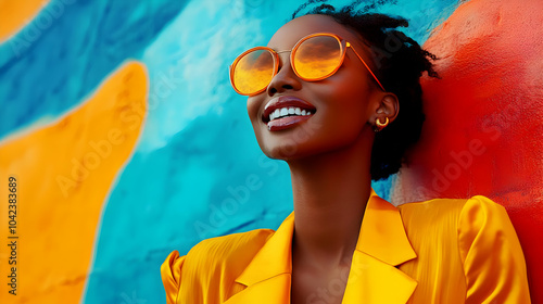 A joyful woman in vibrant y...