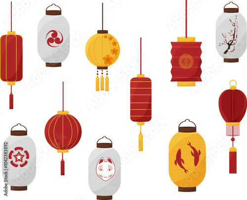 Set of decorative oriental lanterns. Traditional oriental attributes of the holiday. Decorative ornaments, koi fish, flowers, sakura and kitsune mask. Vector illustration