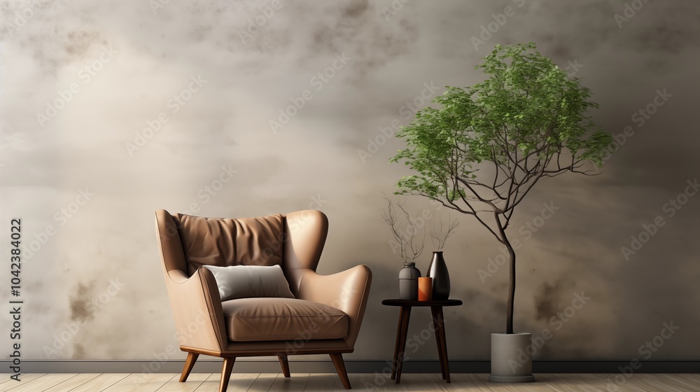 Fototapeta premium This minimalist living room features a wingback armchair near a window, emphasizing clean lines and simplicity.