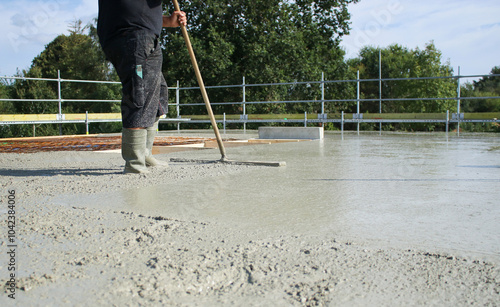 Workers filling the second floor ground with concrete, core and shell construction building  photo