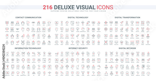Digital transformation of network services, cybersecurity for information technology line icon set. Internet communication and support thin black and red outline symbols vector illustration