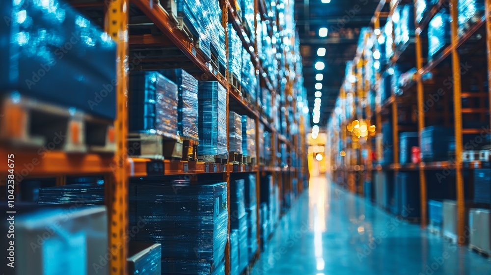 Large modern warehouse with rows of pallets and bright lighting Large modern warehouse with rows of pallets and bright lighting