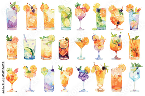 Watercolor cocktails set. Fresh summer drinks with fruits berry decoration and ice cubes, lemonade juice vector illustration