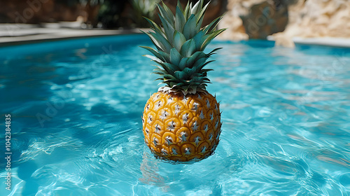 A pineapple floating in a c...