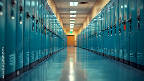 A hallway lined with teal l...