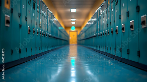 A corridor lined with teal ...