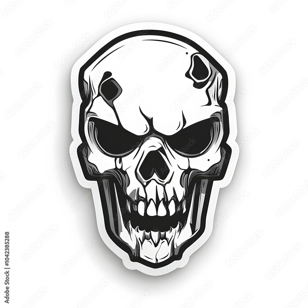 Fototapeta premium A detailed black and white illustration of a menacing skull with sharp teeth and deep-set eyes.
