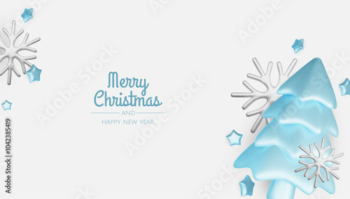 Happy New Year and Merry Christmas. Christmas holiday background with realistic 3d objects, Gift boxes, Christmas balls, snowflakes, conical metal stars.