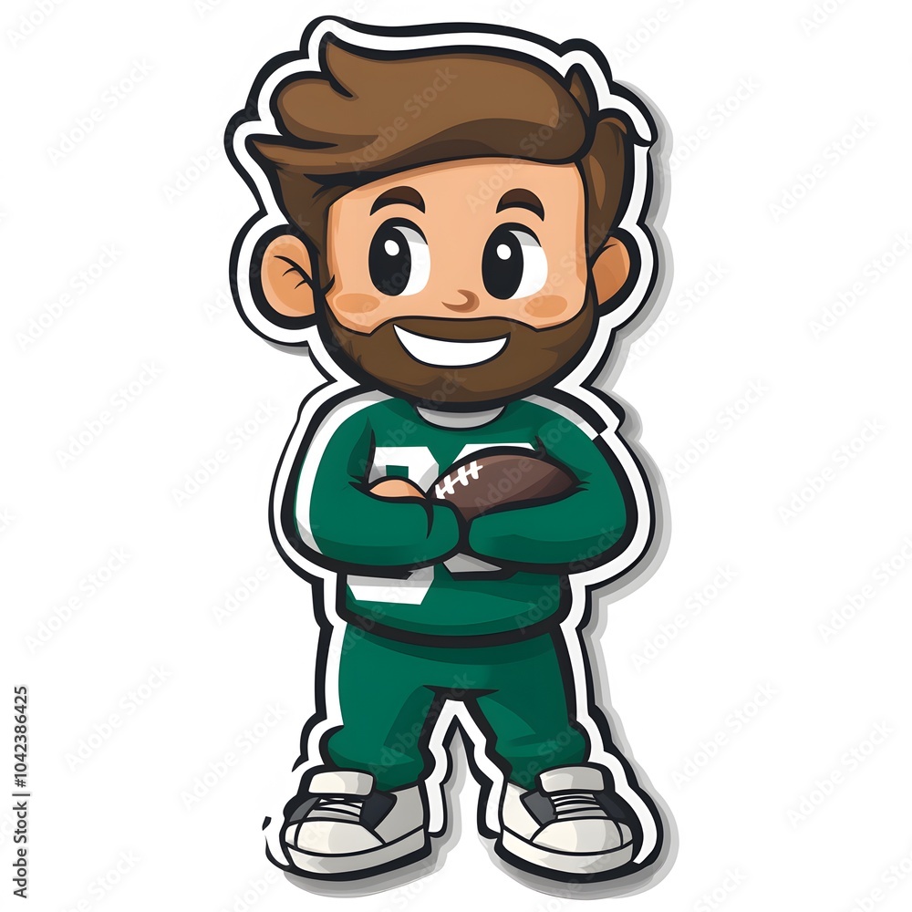 Cheerful cartoon boy with a beard, wearing green sportswear and holding a football, ready for a game. Cheerful cartoon boy with a beard, wearing green sportswear and holding a football, ready for a game.