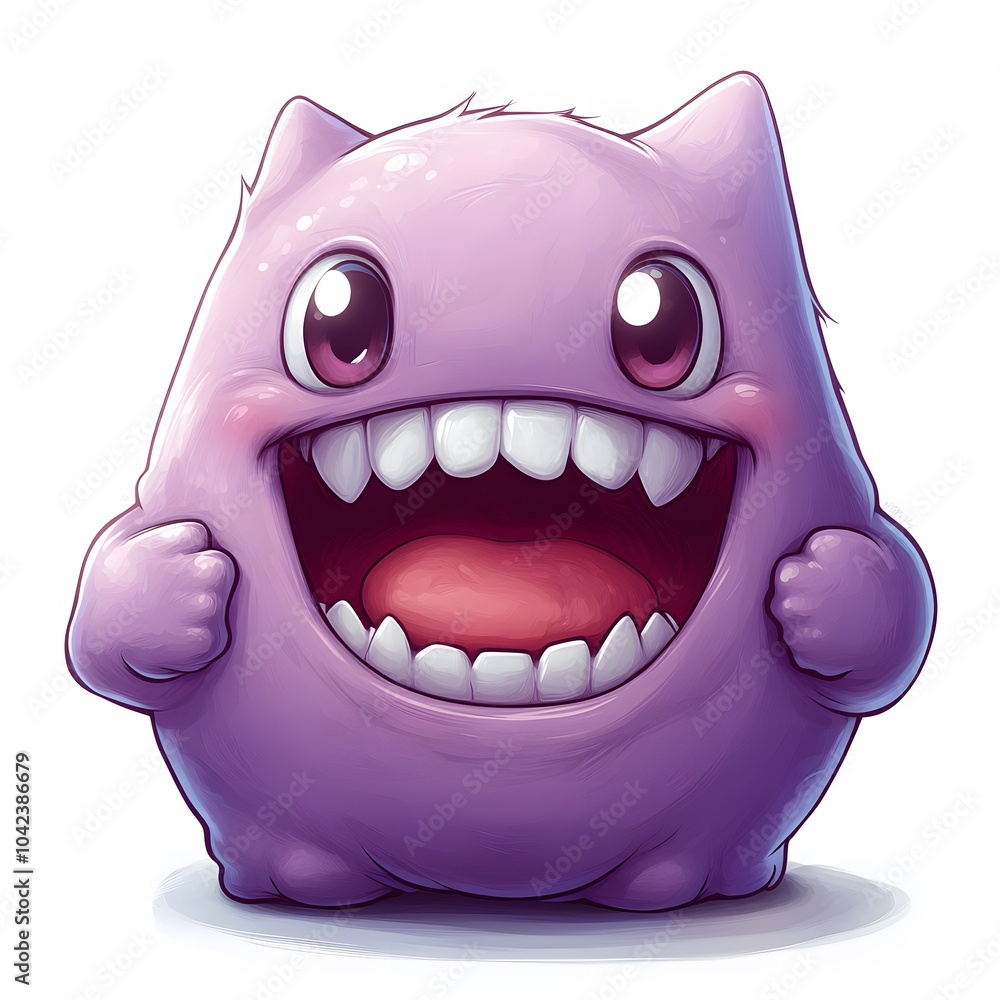 Cute purple cartoon monster with a big smile and expressive eyes, radiating joy and friendliness. Cute purple cartoon monster with a big smile and expressive eyes, radiating joy and friendliness.