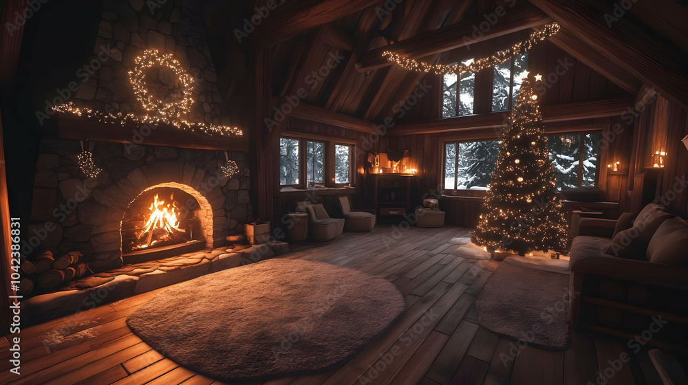 Cozy Cabin Decor with a Fireplace, Christmas Tree, and String Lights Cozy Cabin Decor with a Fireplace, Christmas Tree, and String Lights