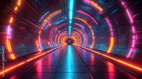 A futuristic tunnel illuminated with vibrant neon lights.