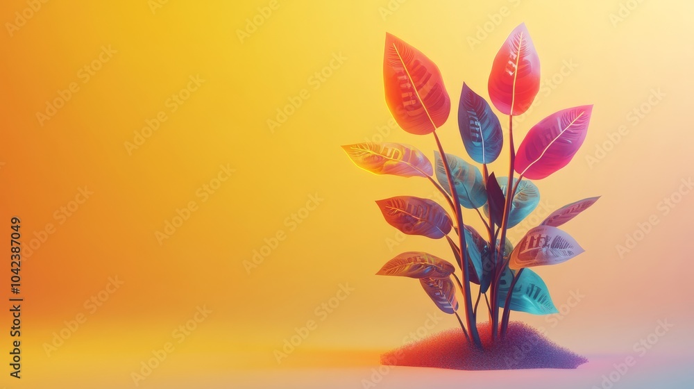 Fototapeta premium Playful design of a colorful plant with glowing dollar signs as leaves, symbolizing economic growth and vibrancy, framed by a soft yellow background, financial bloom, wealth concept