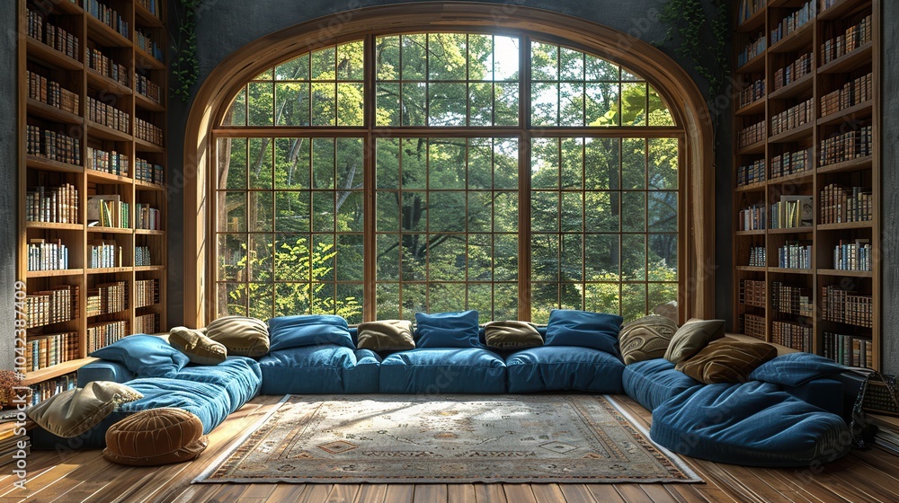 A cozy reading nook with a large arched window overlooking a lush green forest, featuring a plush blue sofa with pillows and a rug on a wooden floor. A cozy reading nook with a large arched window overlooking a lush green forest, featuring a plush blue sofa with pillows and a rug on a wooden floor.