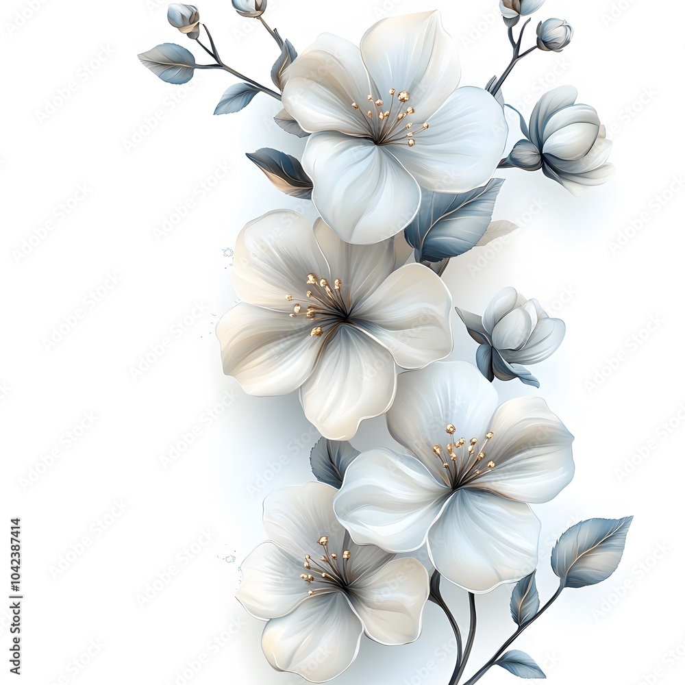 Delicate white flowers with soft blue leaves elegantly arranged on a light background. Delicate white flowers with soft blue leaves elegantly arranged on a light background.