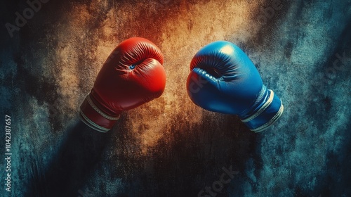 Red vs blue boxing gloves, top view, suspended in a moment of stillness before the fight, representing both struggle and unity, dramatic lighting and shadows photo