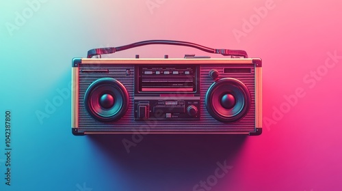 Retro boombox with vibrant LED accents, top view on a soft blue-to-pink gradient background, nostalgic yet modern music concept
