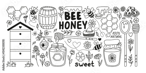 Hand drawn Bee honey doodle set with hive, honeycombs, barrel, liquid melt, hat, flowers, glass jar.