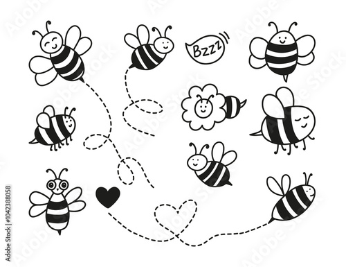 Hand drawn bee character collection. Nature insects doodle illustration