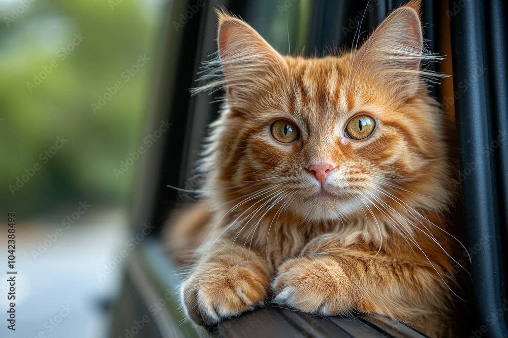 A curious ginger cat peeks out of a car window with its paws resting on the windowsill. A curious ginger cat peeks out of a car window with its paws resting on the windowsill.