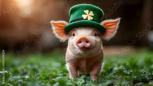A cute piglet wearing a gre...