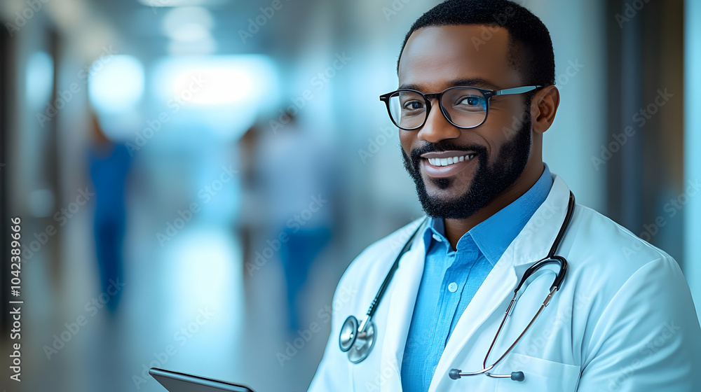 Smiling doctor in a hallway, holding a tablet and wearing glasses. Smiling doctor in a hallway, holding a tablet and wearing glasses.