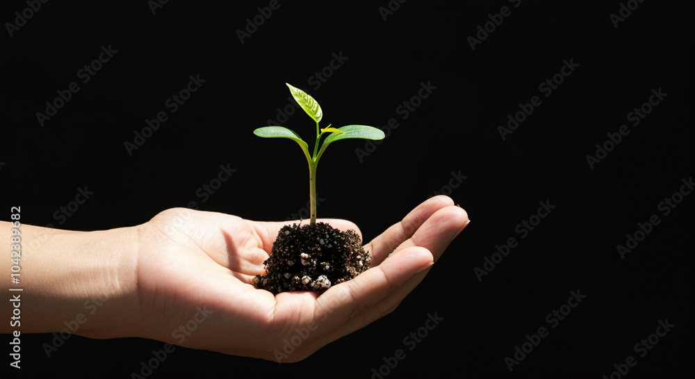 Plant growth in hand promoting sustainable gardening with nurturing soil and healthy roots Plant growth in hand promoting sustainable gardening with nurturing soil and healthy roots