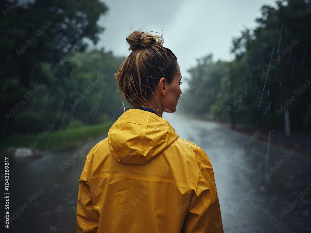 AI-Generated image of A woman in a yellow raincoat is standing in the rain. She has her hair in a bun and is looking off into the distance. Scene is somewhat melancholic AI-Generated image of A woman in a yellow raincoat is standing in the rain. She has her hair in a bun and is looking off into the distance. Scene is somewhat melancholic