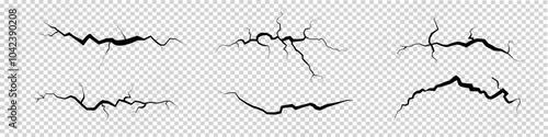 Earth cracks, top view.  Holes, breaks on the surface of the earth. Destroyed, cracked texture isolated on transparent background.  Vector.