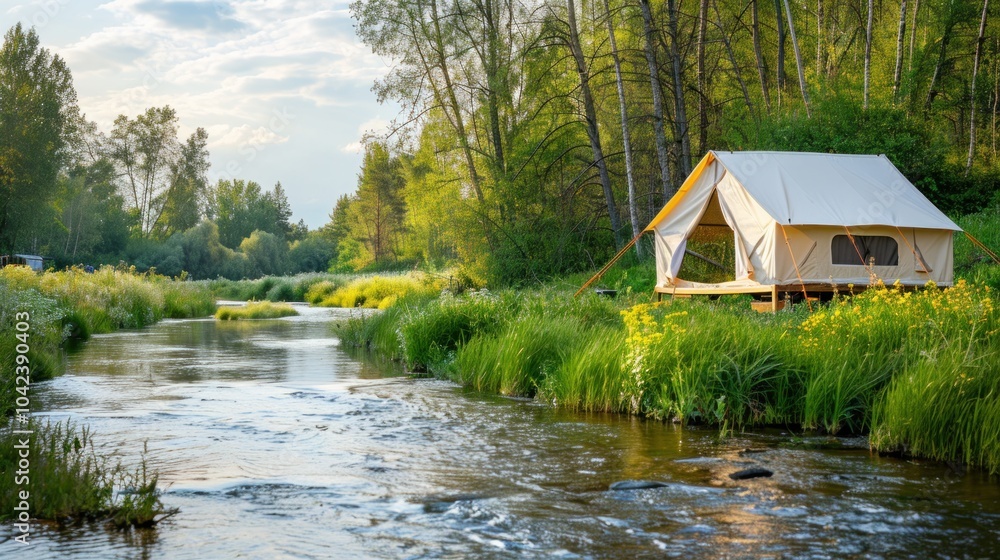 A canvas tent on a wooden platform beside a flowing river, surrounded by lush greenery and wildflowers, epitomizing serene outdoor living. A canvas tent on a wooden platform beside a flowing river, surrounded by lush greenery and wildflowers, epitomizing serene outdoor living.