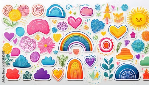 Naive playful abstract doodle shapes sticker pack in childish style. Colored crayon drawn by a kid 