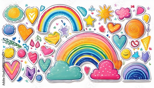 Naive playful abstract doodle shapes sticker pack in childish style. Colored crayon drawn by a kid 