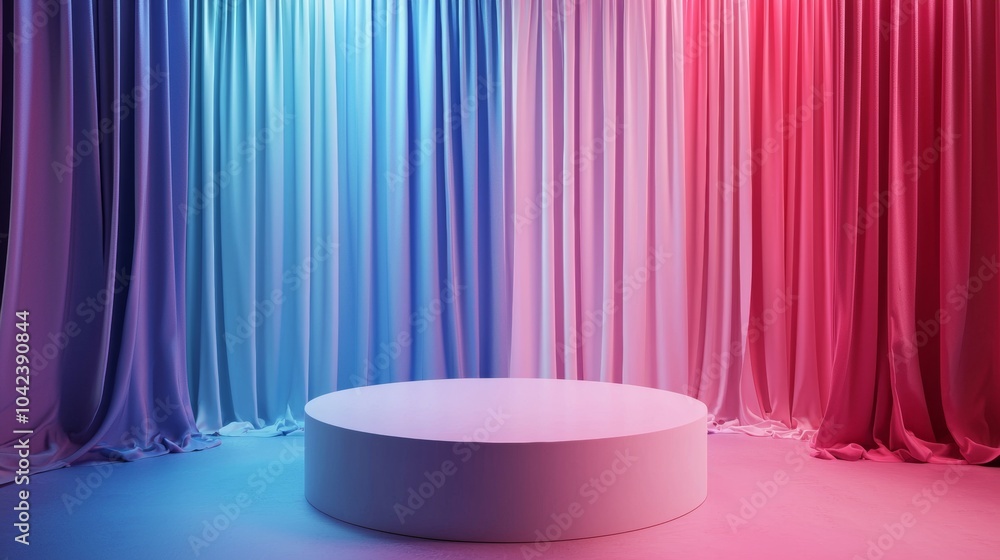 Empty round podium with blue and pink curtains Empty round podium with blue and pink curtains